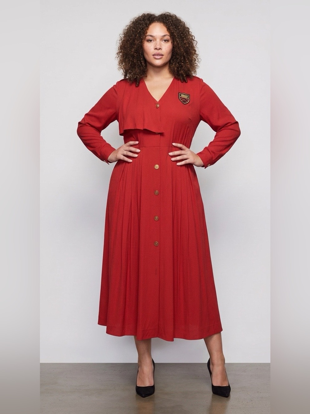 Women's Red Long-Sleeve Button-Front Midi Dress with Crest